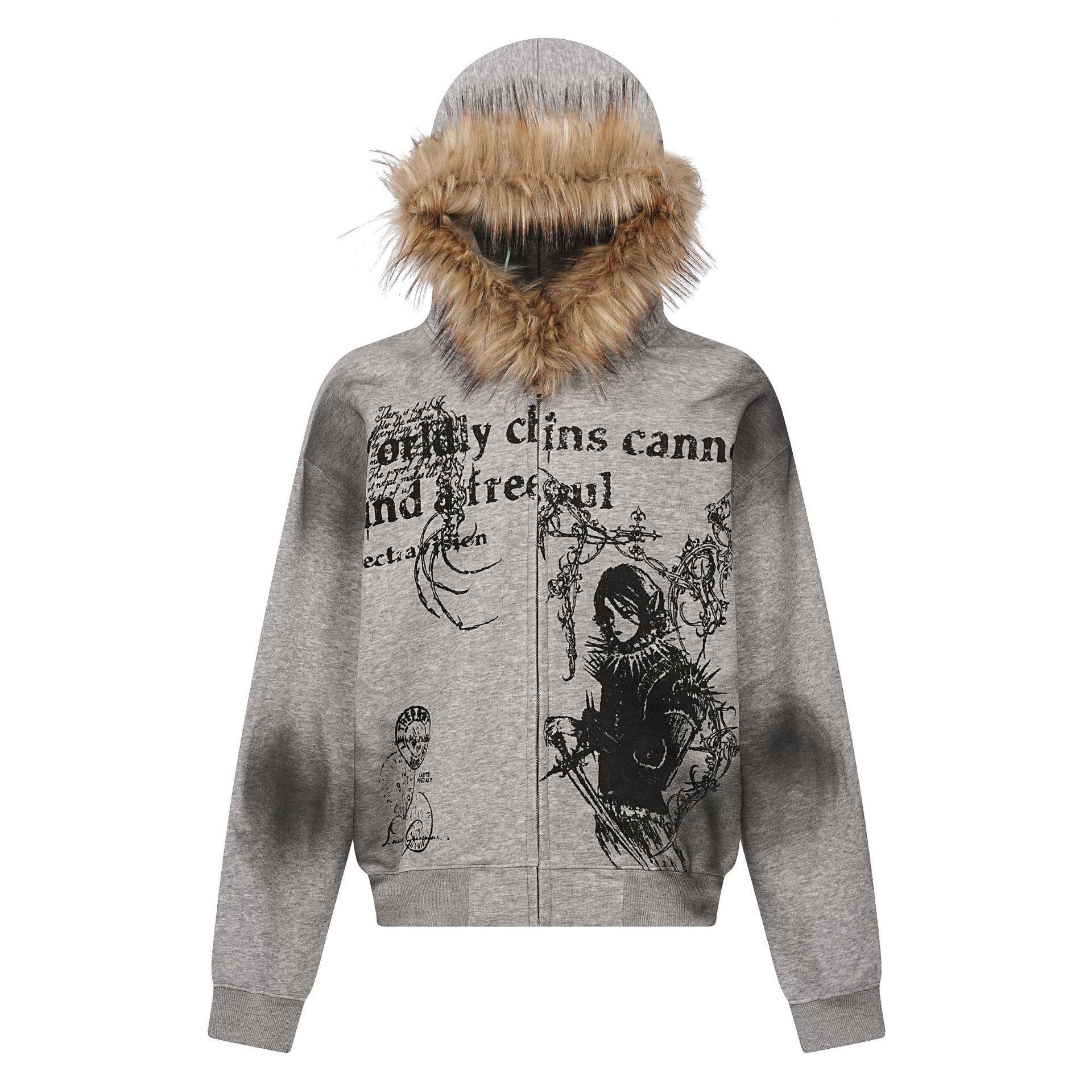 Jia Yiku Men s 2025 Fur Collar Tie-Dye Zipper Hoodie – American Street Style Wasteland Cardigan XL