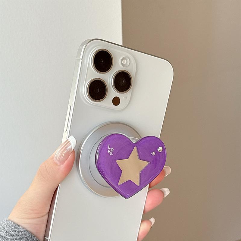 Heart-shaped Rhinestone Star Mirror Phone Holder with Magnetic Finger Ring