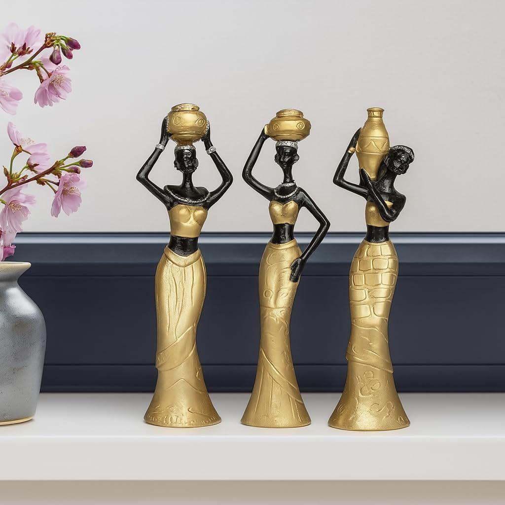 Beautiful New Golden & Black African Women for Home Decor (Pack of 3, Golden & Black)
