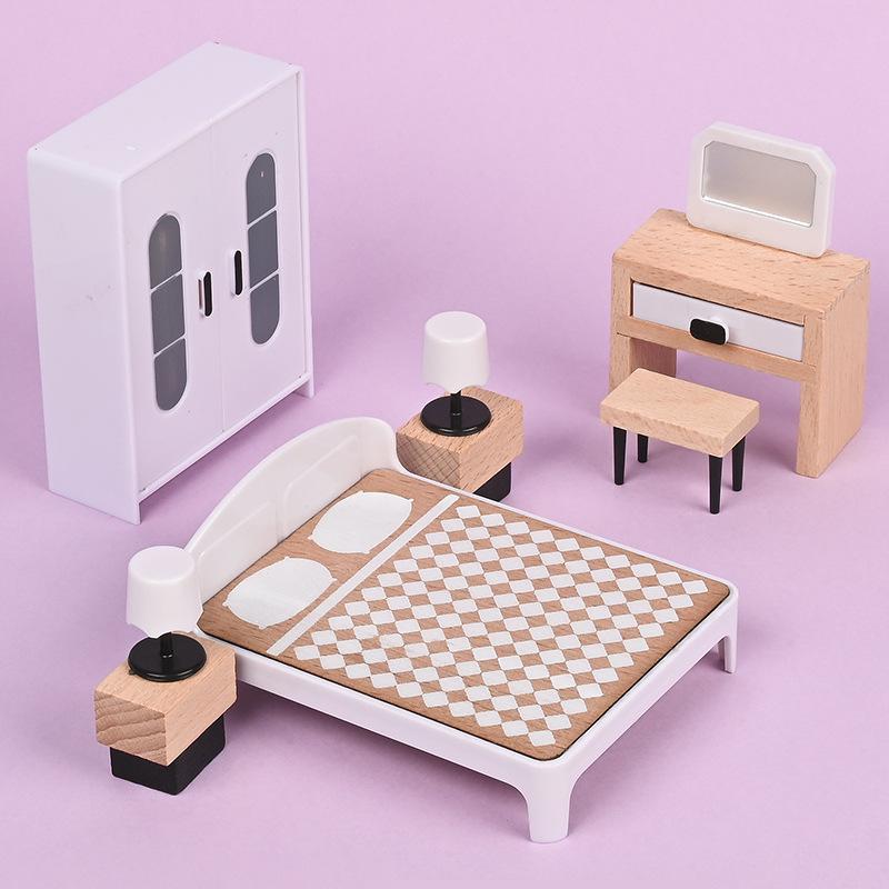 Children's Wooden Dollhouse Furniture Set - Mini Sofa & Bed Props