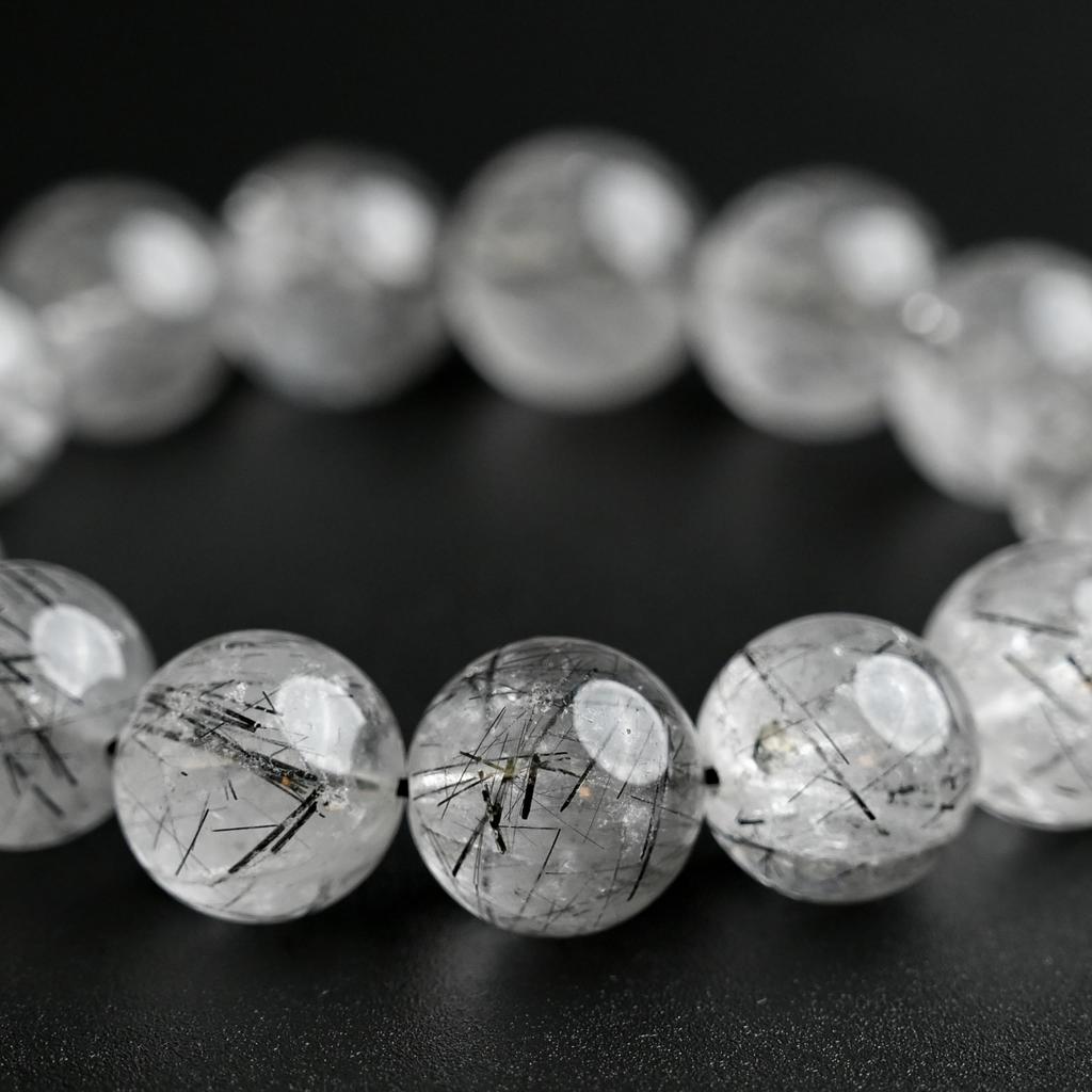 Black Rutilated Quartz Bracelet Tourmaline in 14mm 17cm Wrist Limited Natural Power Prayer Good Luck Feng Shui [Eigado] (Black Quartz) Stone, Size,