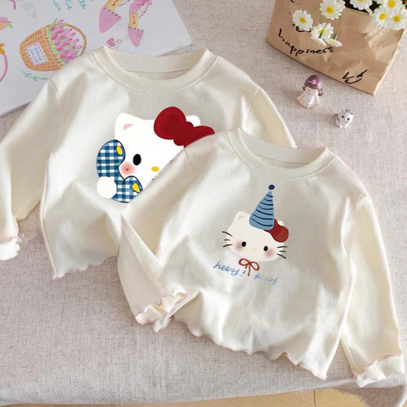 Girls Cotton Long Sleeve T Shirt Cute Cartoon Print Ruffle Crew Neck Base Layer Top For Autumn