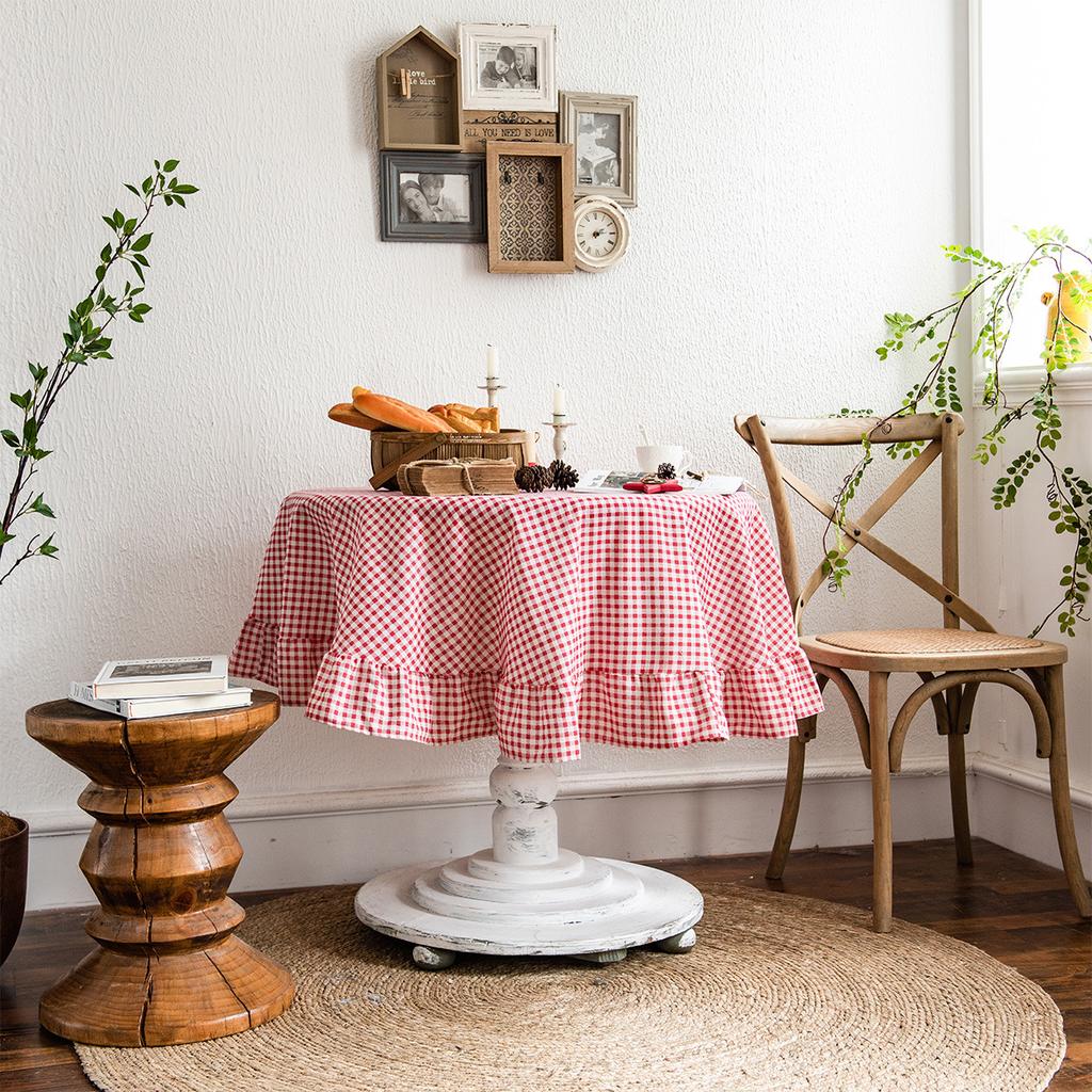 Tablecloth Ethnic Style Red Plaid Printing Round Ruffle Leaf Edge Atmosphere Dining Table Living Room Fabric
