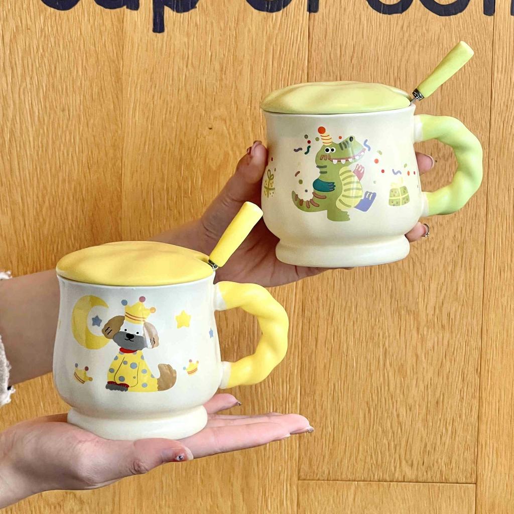 Cute Ceramic Mug Couple Cartoon Drinking Water Cup with Lid Spoon Office Coffee Cup Birthday Gift