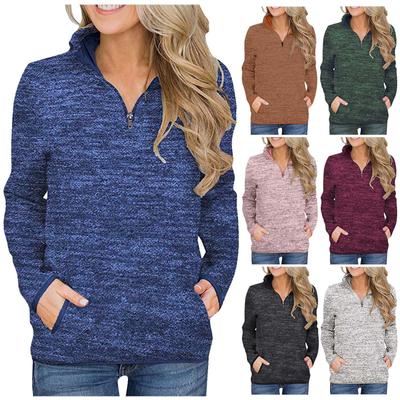 Ladies  Winter Pocket Pullover Long Sleeve Stand Collar Zip Sweatshirt Top