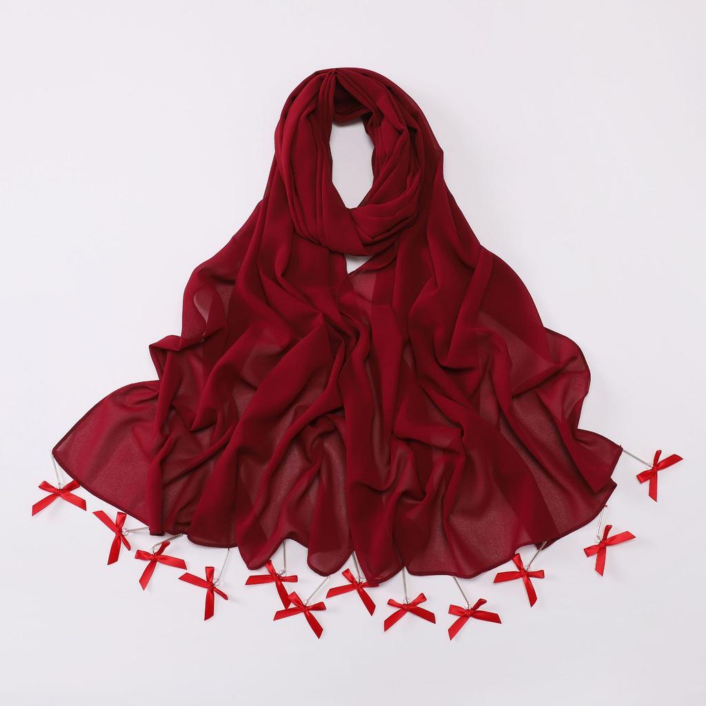 New Chiffon Hijab Veil Scarf Hand-Sewn Glass Tube Bow Long Scarf Gauze Horse Muslim Women Hijab Islam Turban Headscarves Ladies