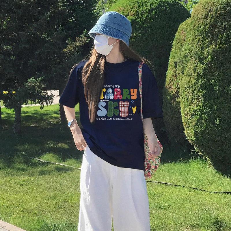 American retro letter printing pure cotton large size fat mm short-sleeved t-shirt women's summer loose and thin bottoming shirt half sleeve
