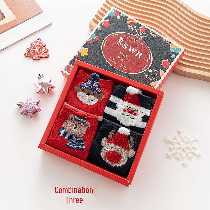 Festive Red Christmas Cartoon Socks Gift Box for Women - Mid-Calf, Cute & Versatile, Autumn/Winter.