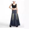 Women's Retro High-Waisted Denim A-Line Skirt - Summer, Washed Blue, Knee-Length