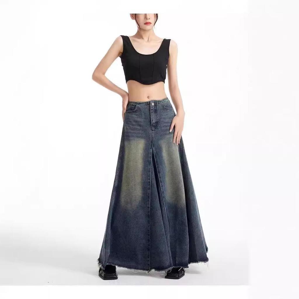 Women's Retro High-Waisted Denim A-Line Skirt - Summer, Washed Blue, Knee-Length