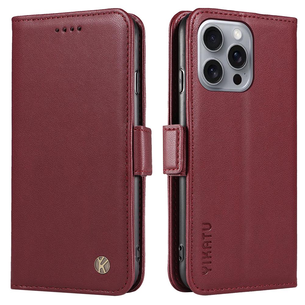 

For iPhone 16 Pro Max Case PU Leather Folio Flip Phone Cover Wine Red