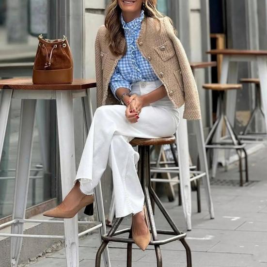 Jachete Blazer Tweed Crop pentru Femei Mânecă Lungă cu Nasturi Palton Scurt