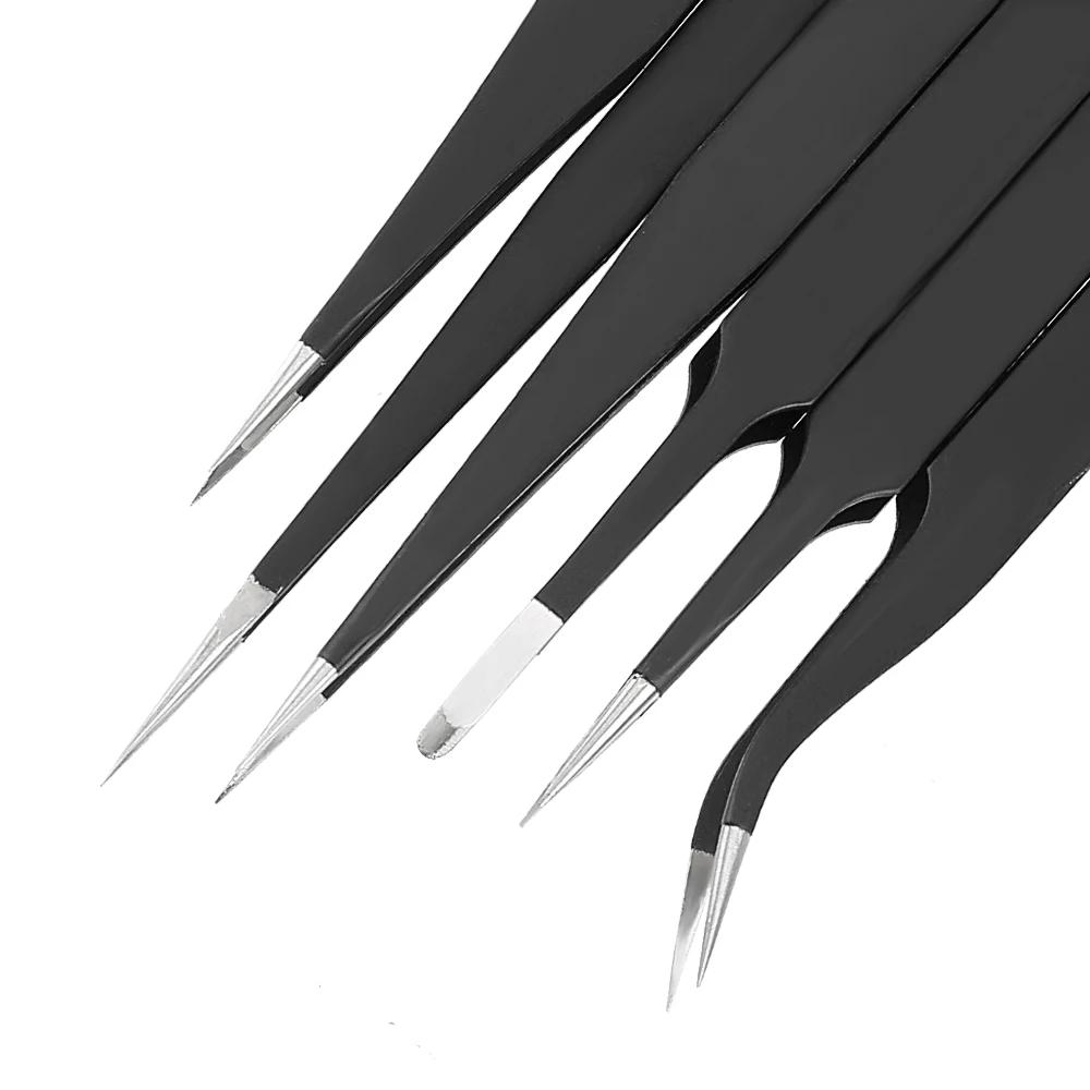 6pcs ESD Anti-Static Stainless Steel Tweezers Precision Maintenance Industrial Electronic Repair Tool Soldering Craft Hand Tools