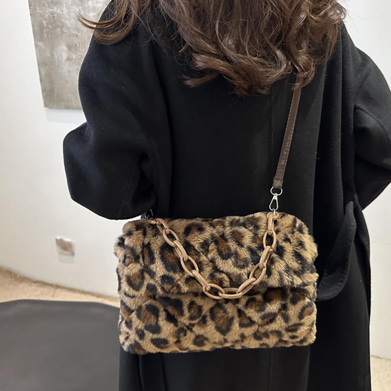 Modische Leopard Plüsch Einzel-Schultertasche Wiederverwendbar Einfache Lässige Umhängetasche Große Kapazität Tragetaschen für Damen