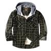 Men's Quilted Lined Button Down Plaid Shirt Add Velvet To Keep Warm Jacket With Hood
