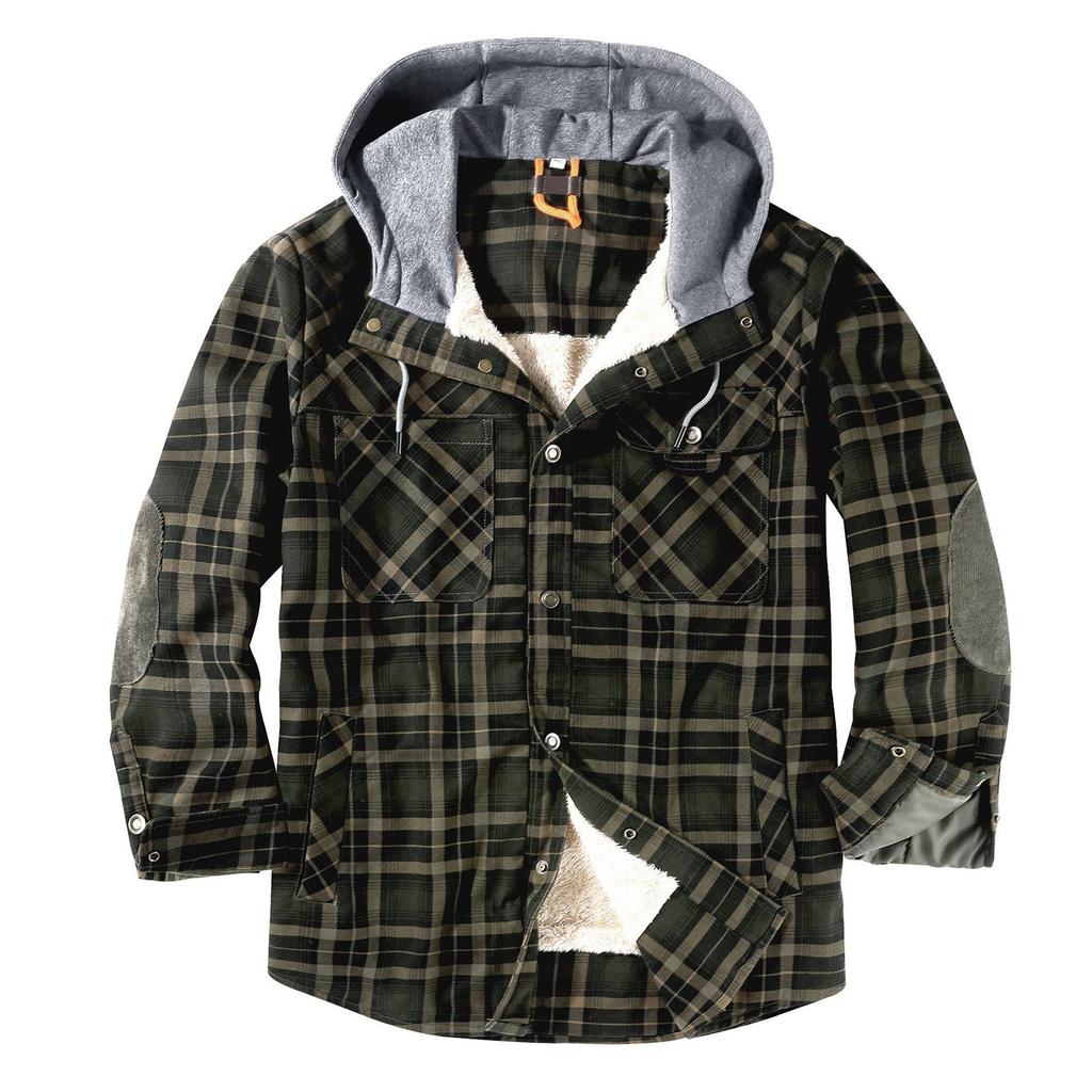 Men's Quilted Lined Button Down Plaid Shirt Add Velvet To Keep Warm Jacket With Hood