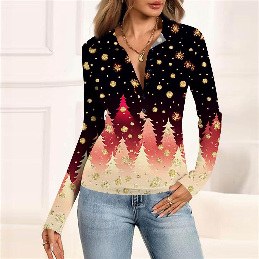Damenmode Lässig Bedrucktes V-Ausschnitt Langarm Knopfleiste Oberteil