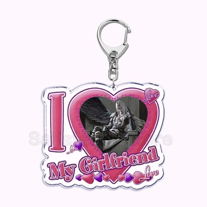 Pfp Sephiroth Acrylic KeyChain Pendant Key Ring I Love My Boyfriend Girlfriend Pink Heart Keyring for Bag Pendant Jewelry Gifts
