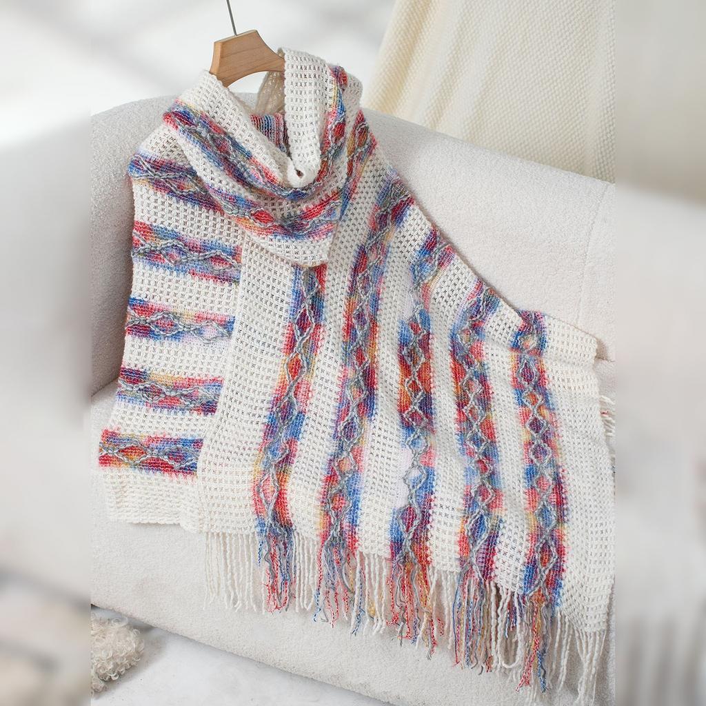 Moda Donna Colorato a Righe con Cappuccio Maglia Frange Mantella Scialle Maglione Pullover Largo da Donna