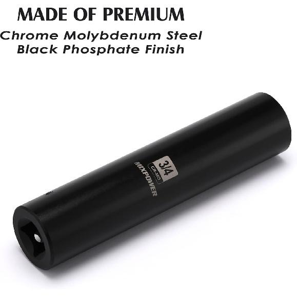MIXPOWER 1/2" Dr. x 3/4-inch Extra Long Deep, 6 Point Impact Socket, Cr-Mo Alloy Steel, Radius Corner Design, Dual Size Markings, 5 inch Length