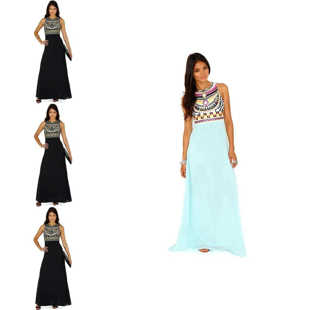 Elegant Women Round Neck Sleeveless Geometric Print Chiffon Dress Long Floor Length Stylish Casual Attire