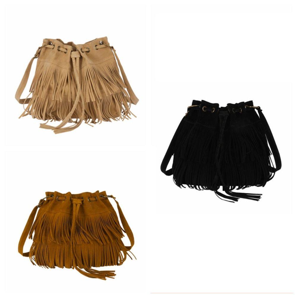 Korean Style Suede Handbag PU Leather Drawstring Bucket Bag Fashion Tassel Shoulder Bag  Women