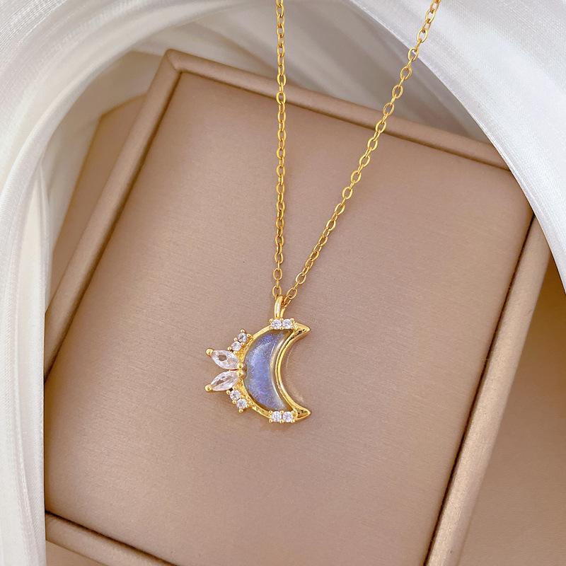 Colorful Moon Full Diamond Fashion Light Luxury Temperament Gorgeous Full Diamond Necklace Female Versatile Clavicle Chain Titanium Steel