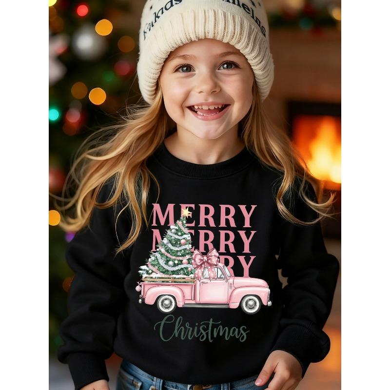 European sizes Christmas Kids Fashion -Lined Sweatshirt with MERRY MERRY MERRY CHRISTMAS Lettering and Pickup Truck Print 110