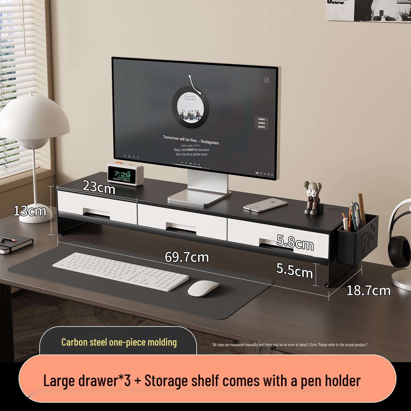 Computer Monitor Riser Wrought Iron Stand with Double Layer Storage and Drawer