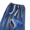 Men's Wear-Resistant Loose Fit Elastic Waist Straight-Leg Work Jeans with Drawstring for Construction Sites