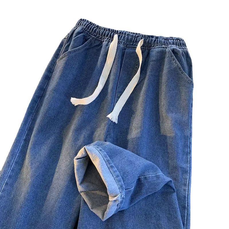 Men's Wear-Resistant Loose Fit Elastic Waist Straight-Leg Work Jeans with Drawstring for Construction Sites