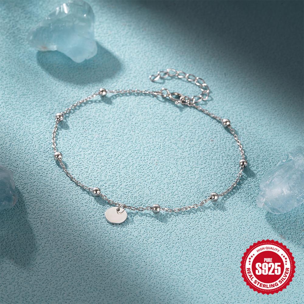 Stylish And Simple S925 Sterling Silver Spaced Round Bead Chain Hang Tag Chain Bracelet Women'S Exquisite Jewelry Couple Gift
