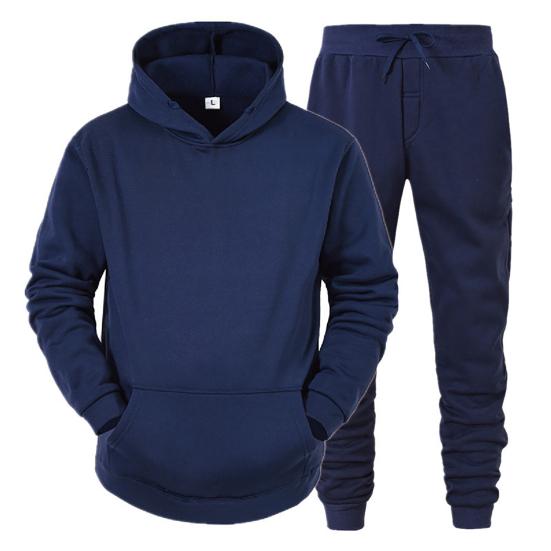 2Pcs/Set Long Sleeve Elastic Waist Mid-rise Thickened Sportswear Set Men Winter Solid Color Pockets Hooded Sweatshirt Pants Set Daily Clothing