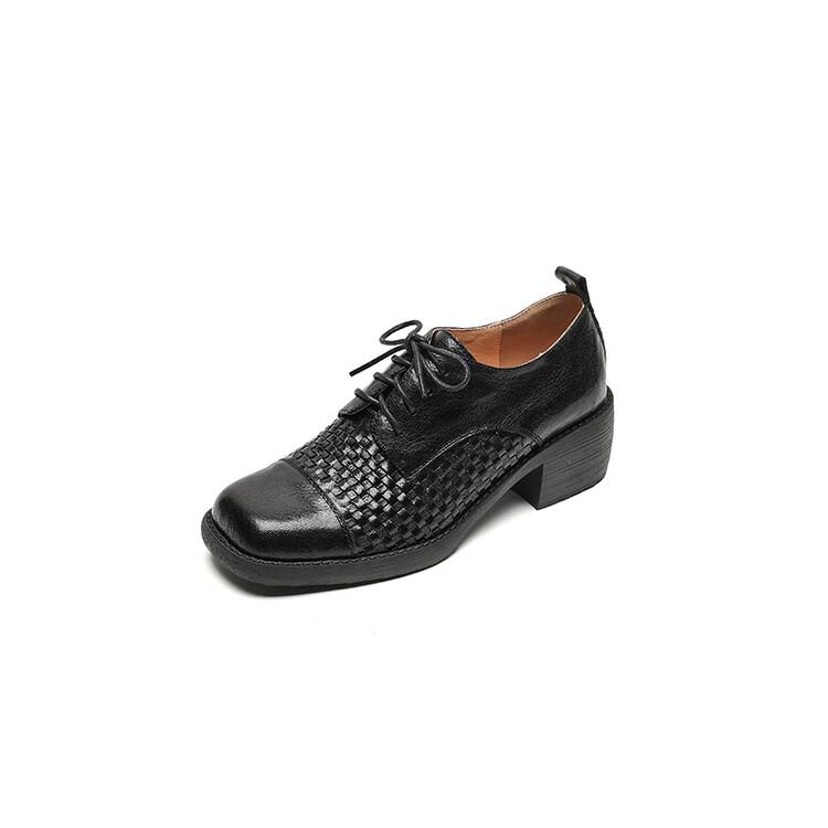 Fashion NEW Spring/Autumn Women Pumps Square Toe Chunky Heel Shoes Genuine Leather Shoes for Women Retro Weave Lace-up Women Loafers