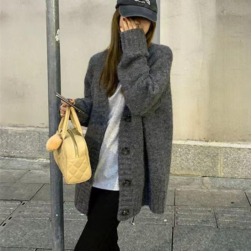 Versatile Retro Knit Cardigan - Mid-Length Solid Color for Spring and Autumn