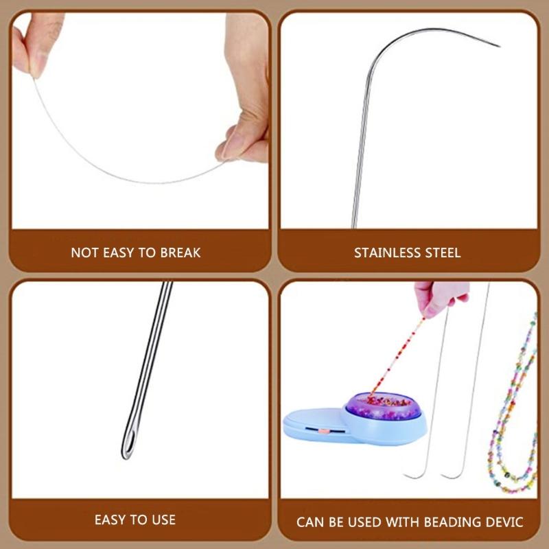 10Pcs Large Eye Beading Needle with Curved and Straight Handle, Stainless Steel Curved Beading Needle for Bead Spinner