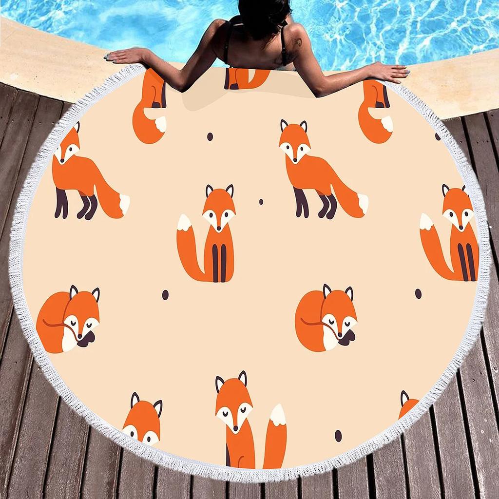 Kawaii Fox Round Beach Towel,Wild Animal Print Beach Blanket,Soft Woodland Animal Themed Rustic Fox Print Pool Towel Picnic Mat