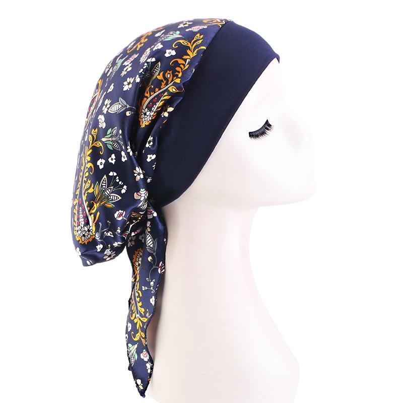 Women Satin Printed Turban Hat Stretch Wide-brimmed Nightcap Fashion Pre-tie Turban Wrap Head Cap Casual Durag Pirate Hat