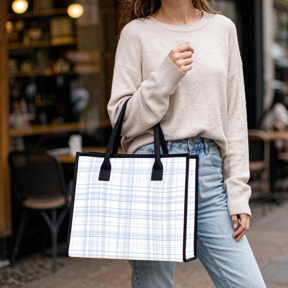 Blue Plaid Casual Tote Bag Large Capacity Daily Carry Handbag for Women Stylish All-match Commute Shoulder Bag