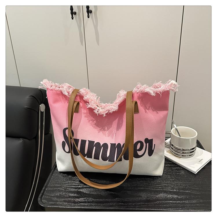 Summer Large Capacity Women Canvas Shoulder Bags Casual Tassel Design Ladies Beach Tote Bag Ctrast Color Letter Female Handbag