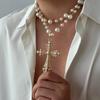 Cyberpunk Style Cross Necklace Dark Exaggerated Slightly Inlaid Imitation Pearl Multi-Layer Stacking Jewelry