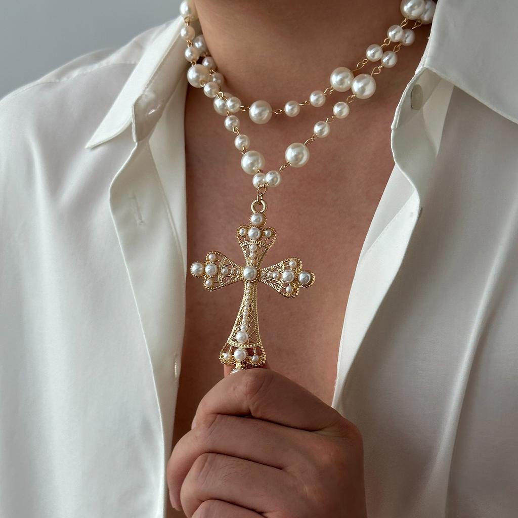 Cyberpunk Style Cross Necklace Dark Exaggerated Slightly Inlaid Imitation Pearl Multi-Layer Stacking Jewelry