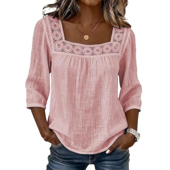 

Women Shirt Square Collar 3/4 Sleeve Pure Color Casual Blouse Loose Fit Lace Splicing Summer Breathable Tops XXL рожевий