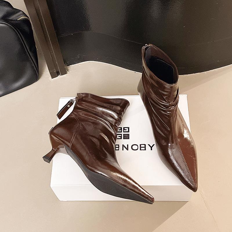 Small heel short boots women's high heel pointed spring and autumn single boots and bare boots thin heel high heels thin boots medium tube boots