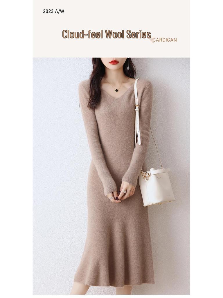 V-Neck Wool-Cashmere Sweater Dress for Women - Slim Fit, Mid-Length, Over-the-Knee, Autumn/Winter Style