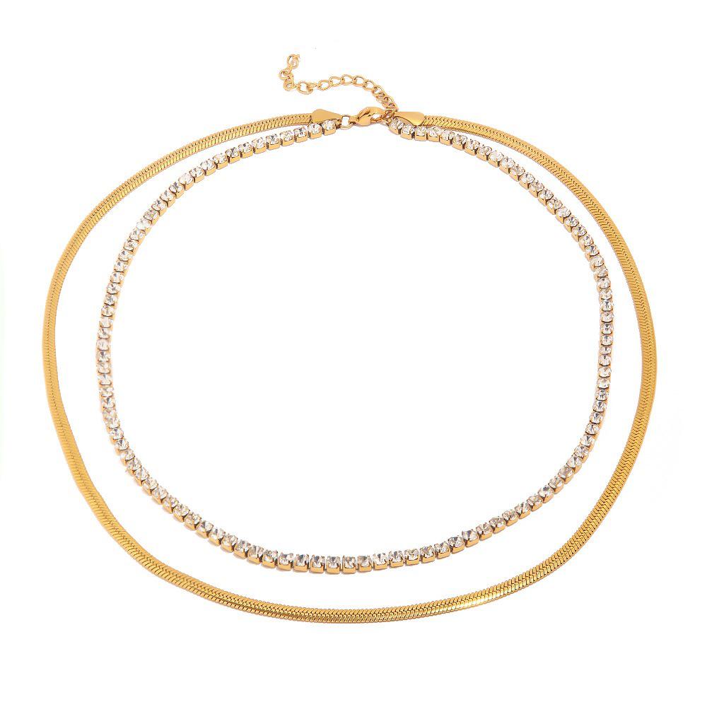 18K Gold European-American Luxury Tennis & Snake Chain Double-Layer Necklace - Stainless Steel, Waterproof, Versatile Clavicle Accessory