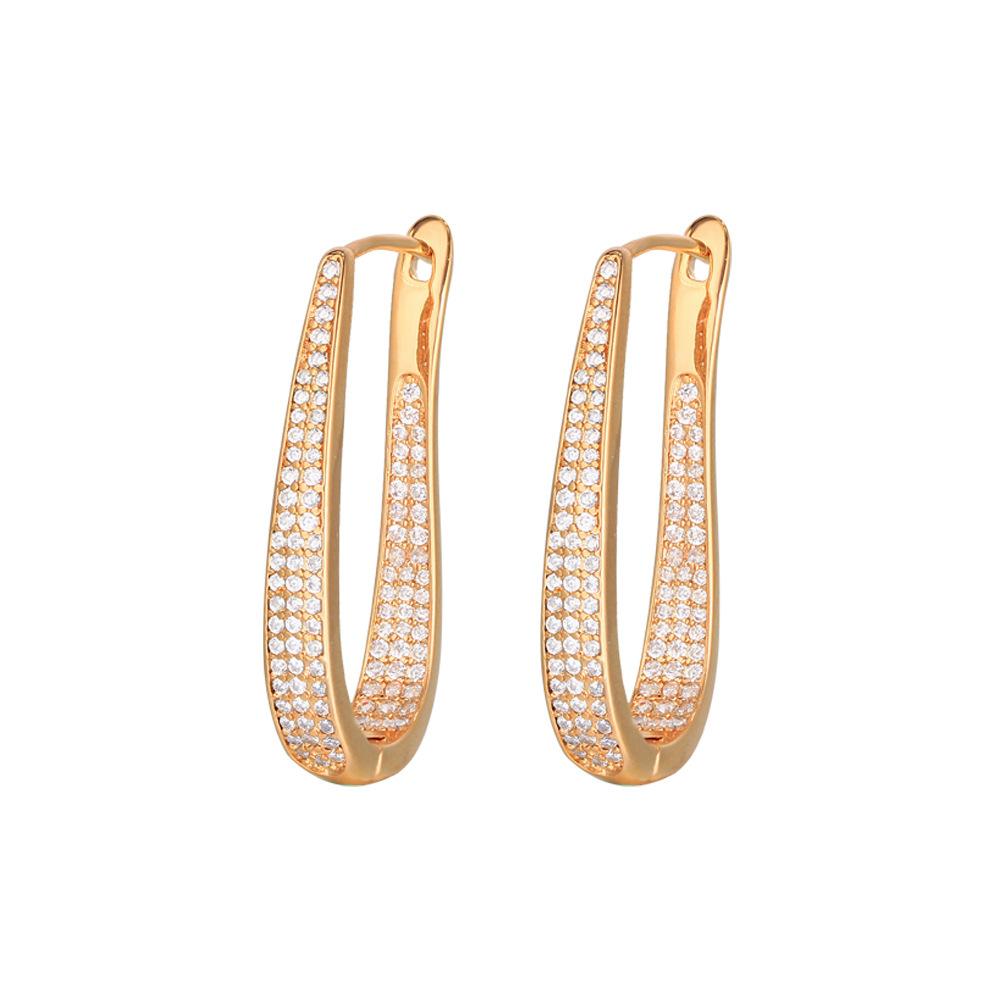 Hip-Hop Earrings Flash Diamond Oval Stud Earrings U-Shaped Hollow Electroplated Champagne Gold Ear Buckle Earrings Gift Women