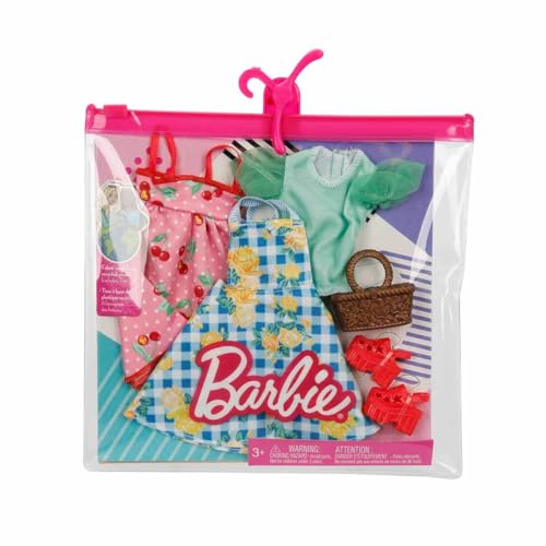 Mattel Barbie Moda Pacote com 2 Conjunto de Vestido Florido (Como Visto no Filme "Barbie") [Roupas para Boneca de Vestir] [Saco Plástico Reutilizável] [A partir de 3 anos] HJT33