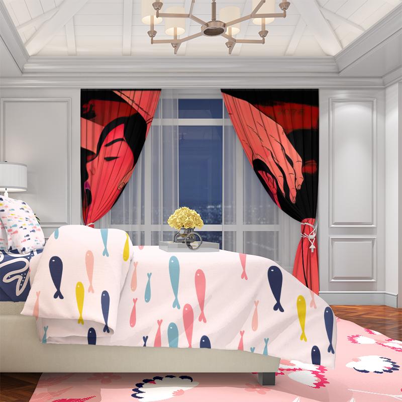 2pcs- Women with Milk Print Curtain - Polyester - Suitable for Bedroom, Living Room, Study, Private Space (customizable)