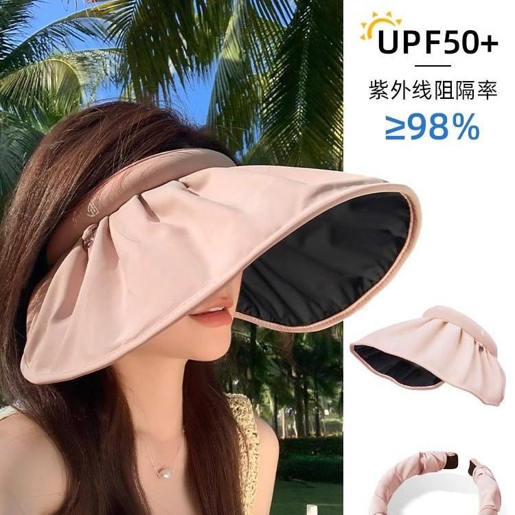 Large brim black plastic shell hat women's summer anti-UV outdoor empty top sun hat foldable headband sun hat